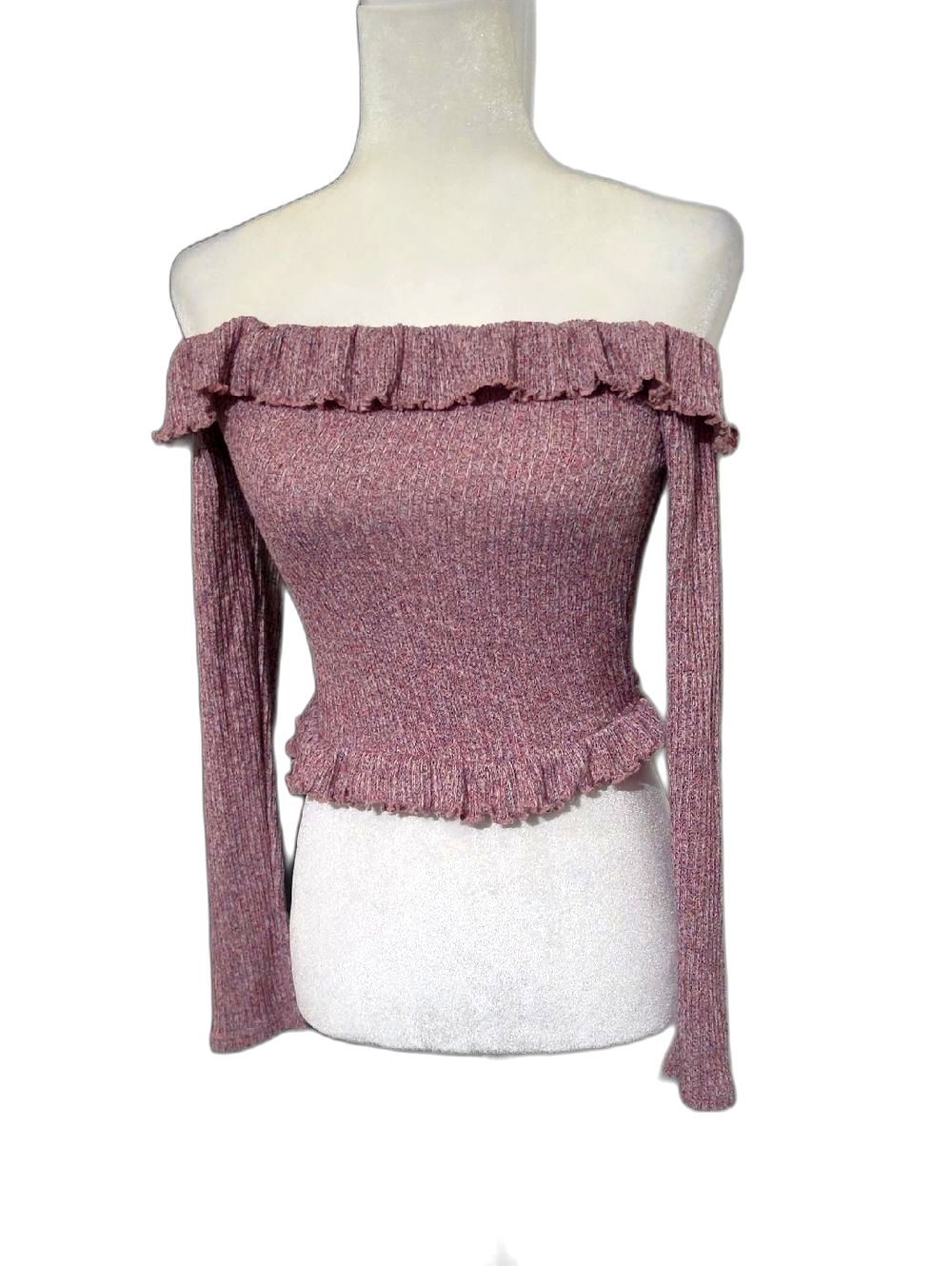 Fashion Nova Off-the-Shoulder Ruffle Sweater Top in Mauve